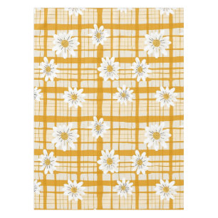 White Daisy Floral Pattern on Yellow Gingham Tablecloth