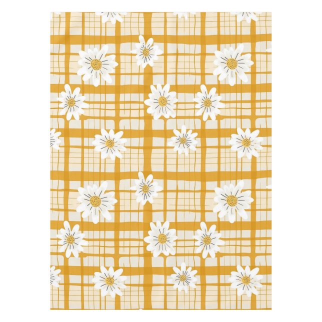 White Daisy Floral Pattern on Yellow Gingham Tablecloth (Front)