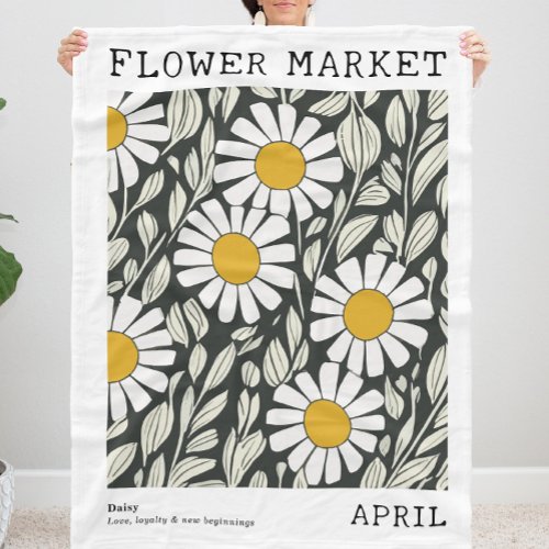 White Daisy Floral Print April Birth Flower Market Fleece Blanket