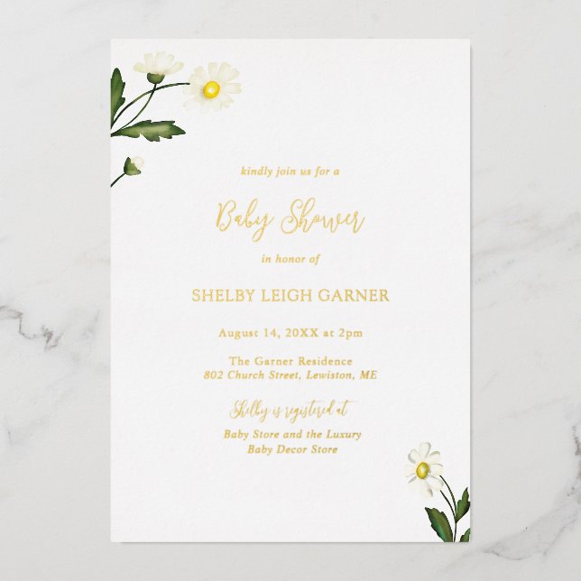 White Daisy Floral Rustic Baby Shower Foil Invitation (Front)
