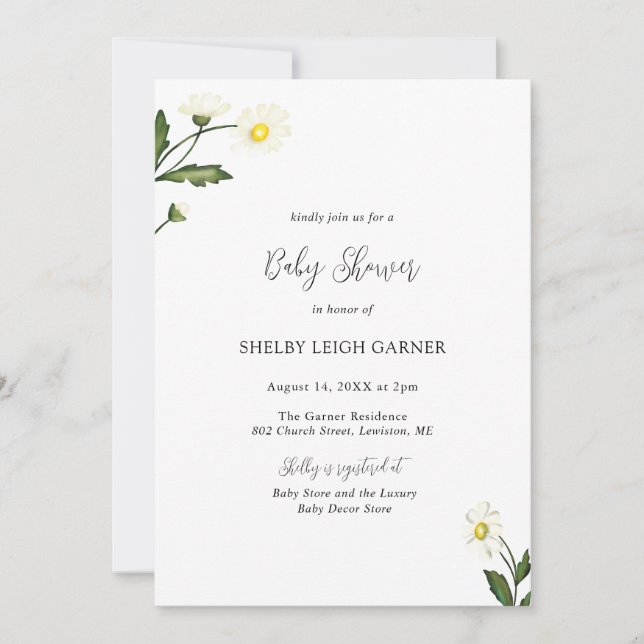 White Daisy Floral Rustic Baby Shower Invitation (Front)
