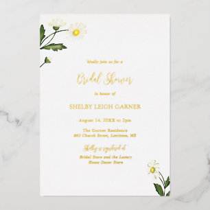 White Daisy Floral Rustic Bridal Shower Foil Invitation