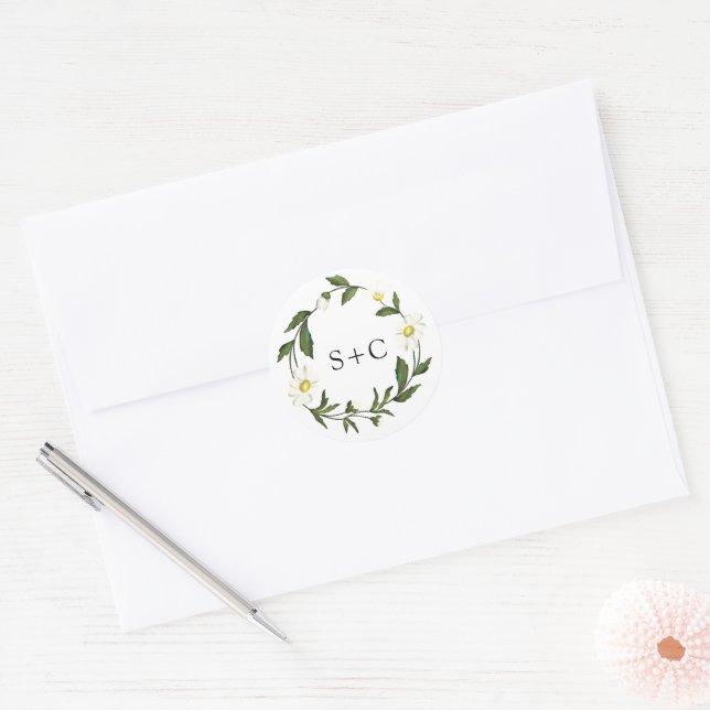 White Daisy Floral Rustic Wedding Classic Round Sticker (Envelope)
