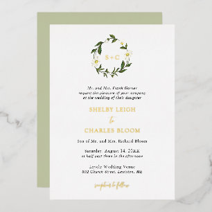 White Daisy Floral Rustic Wedding Foil Invitation