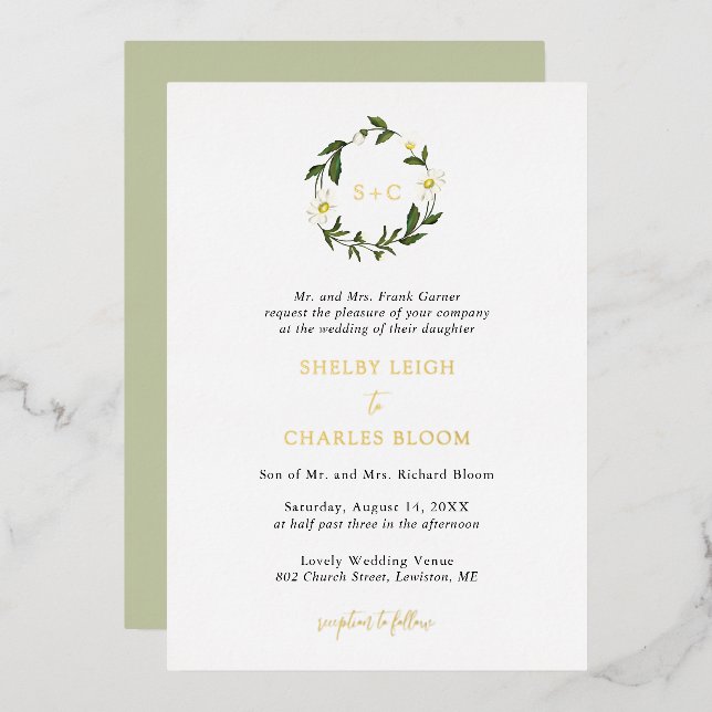 White Daisy Floral Rustic Wedding Foil Invitation (Front/Back)