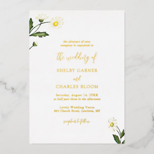 White Daisy Floral Rustic Wedding Foil Invitation