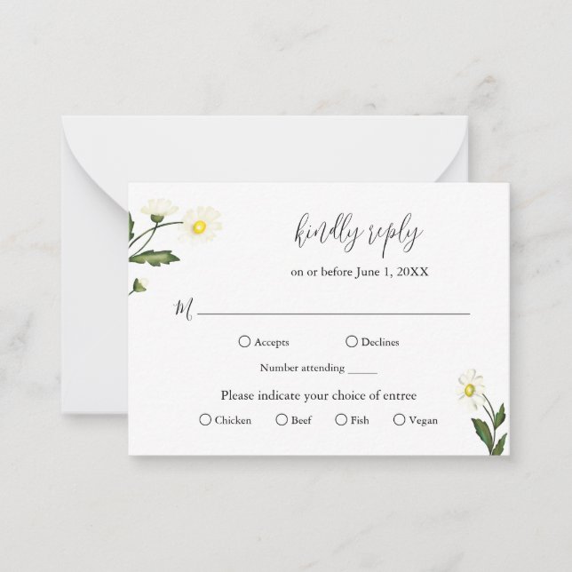 White Daisy Floral Rustic Wedding Mini RSVP Card (Front)