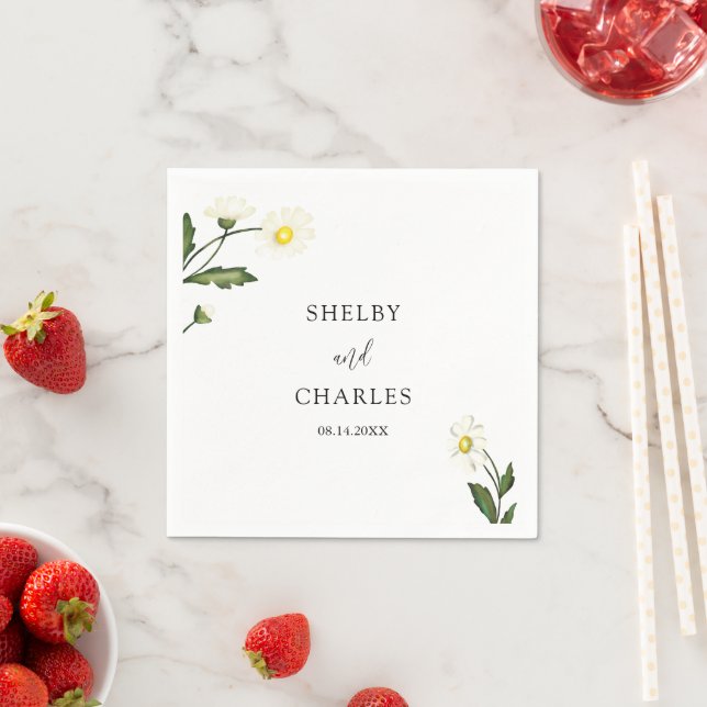White Daisy Floral Rustic Wedding Napkins (Insitu)