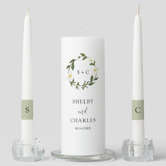 White Daisy Floral Rustic Wedding Unity Candle Set (Front)
