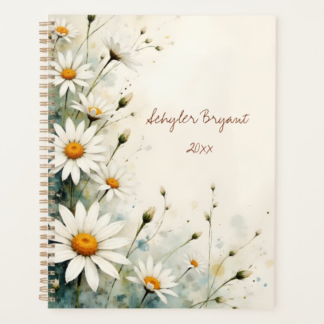 White Daisy Floral Spiral-bound Spring Botanical Planner (Front)