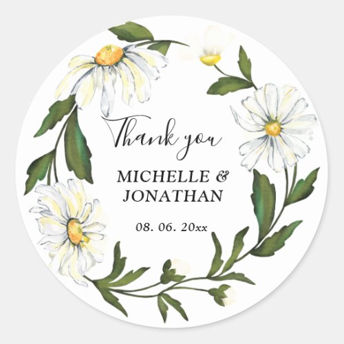 White Daisy Floral Wreath Thank You Wedding Classic Round Sticker