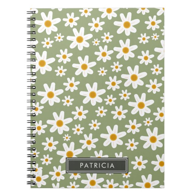 White Daisy Florals Pattern Green Personalized Notebook (Front)
