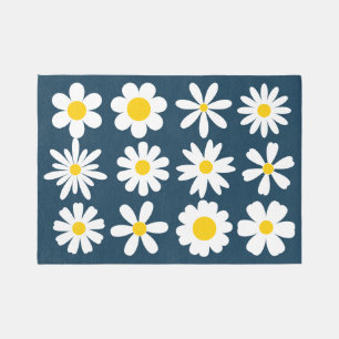 White Daisy Flower Blooms On Navy Blue Outdoor Rug