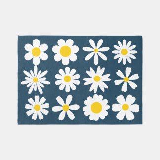 White Daisy Flower Blooms On Navy Blue Outdoor Rug