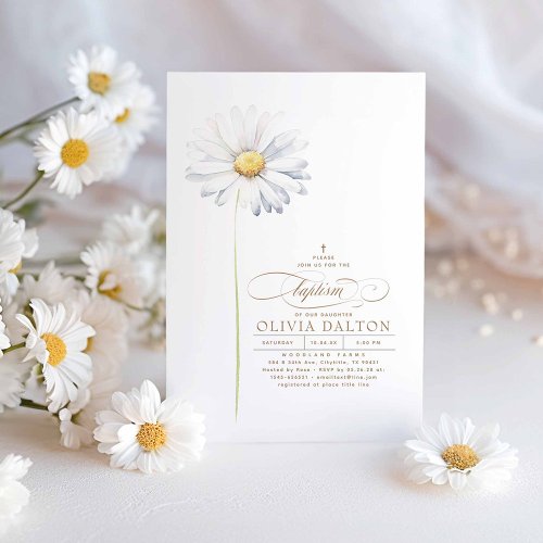 White Daisy Flower Boho Wildflowers Themed Baptism Invitation