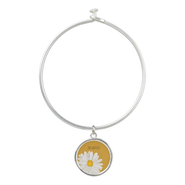 White Daisy Flower Custom Name  Bangle Bracelet (Front)