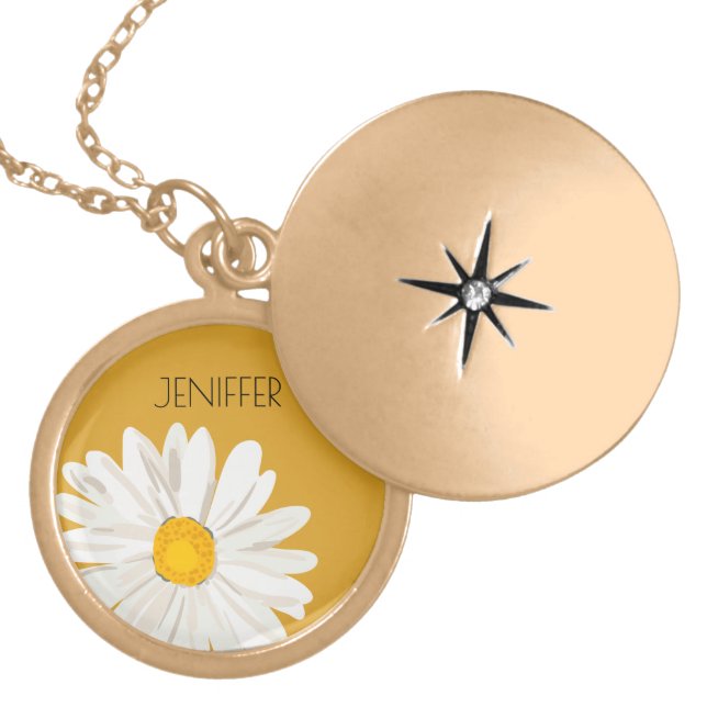 White Daisy Flower Custom Name  Gold Plated Necklace (Front)