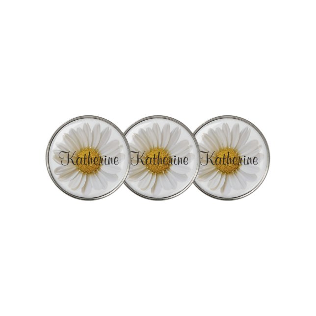 White Daisy Flower Custom Name Golf Ball Marker (3 Up)