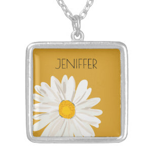 White Daisy Flower Custom Name Silver Plated Necklace