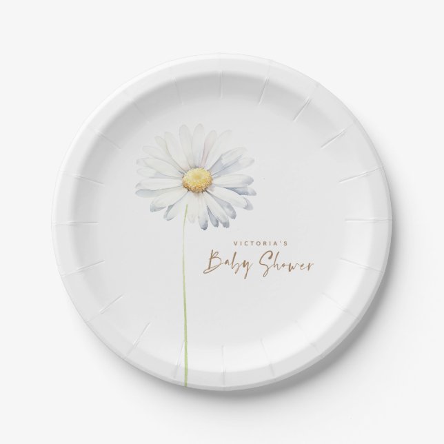 White Daisy Flower Elegant Cute Watercolor Paper Plates (Front)