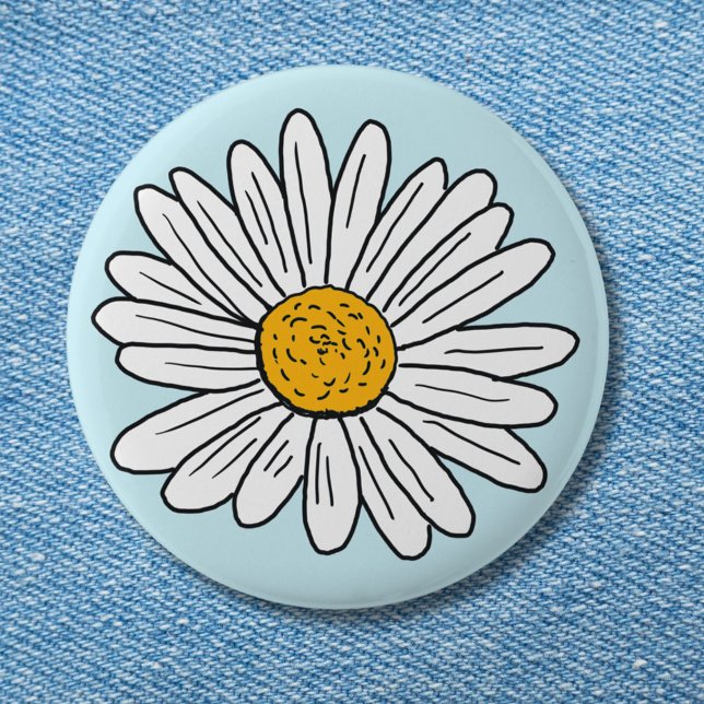 White Daisy Flower Floral Doodle Art Button (In situ)