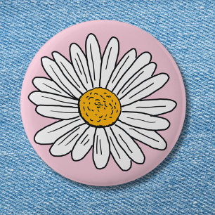 White Daisy Flower Floral Doodle Art Button