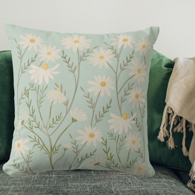 White Daisy Flower Floral Outdoor Pillow (In situ)