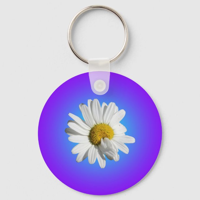 White Daisy Flower Floral Purple Blue Gradient Keychain (Front)