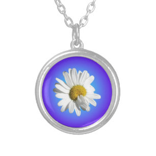 White Daisy Flower Floral Purple Blue Gradient Silver Plated Necklace