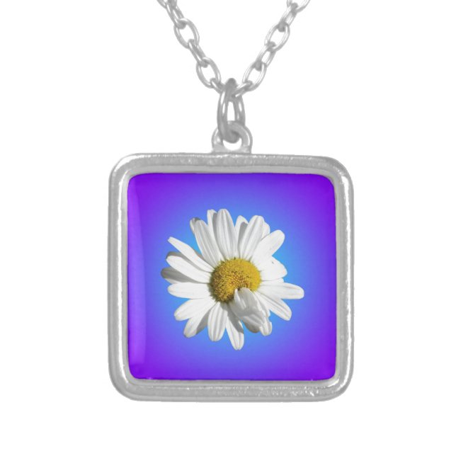 White Daisy Flower Floral Purple Blue Gradient Silver Plated Necklace (Front)