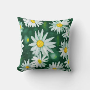 White Daisy Flower Gouache Pattern Throw Pillow