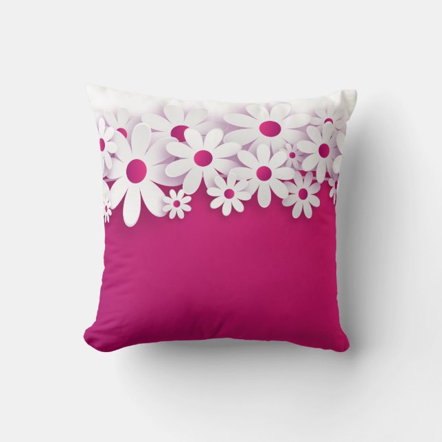 White Daisy Flower Magenta Pink Floral Home Accent Throw Pillow (Front)