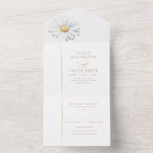 White Daisy Flower Minimalist Elegant Boho Wedding All In One Invitation