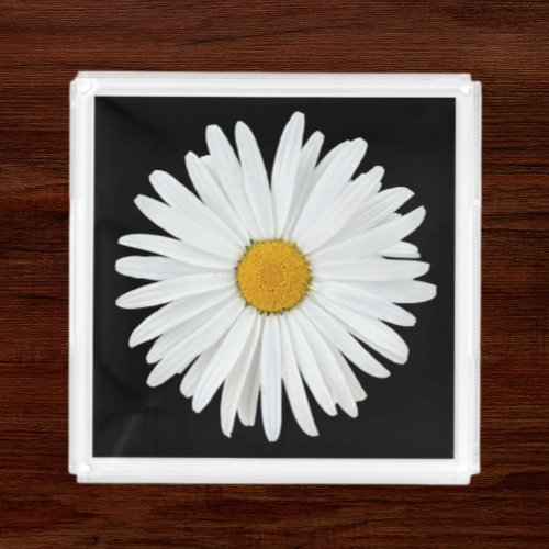 White Daisy Flower on Black Floral Acrylic Tray