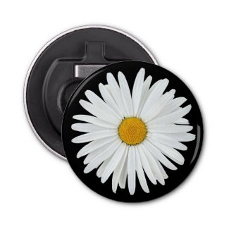 White Daisy Flower on Black Floral Bottle Opener
