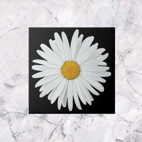 White Daisy Flower on Black Floral Ceramic Tile