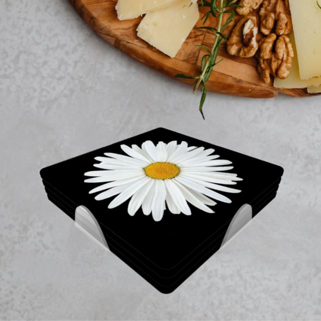 White Daisy Flower on Black Floral Coaster Set (In Situ Set)