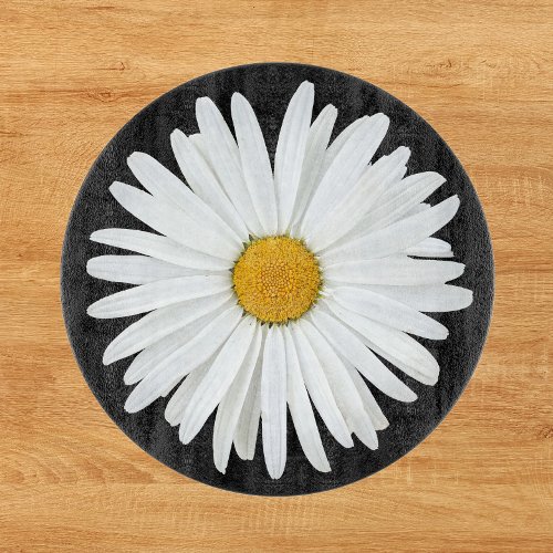 White Daisy Flower on Black Floral Cutting Board