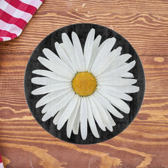 White Daisy Flower on Black Floral Cutting Board (In Situ)