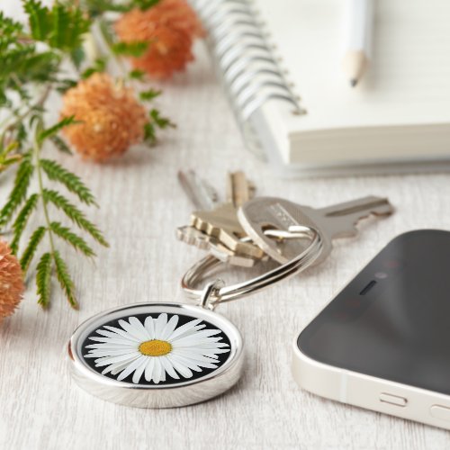 White Daisy Flower on Black Floral Keychain