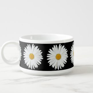 White Daisy Flower on Black Floral Pattern Bowl