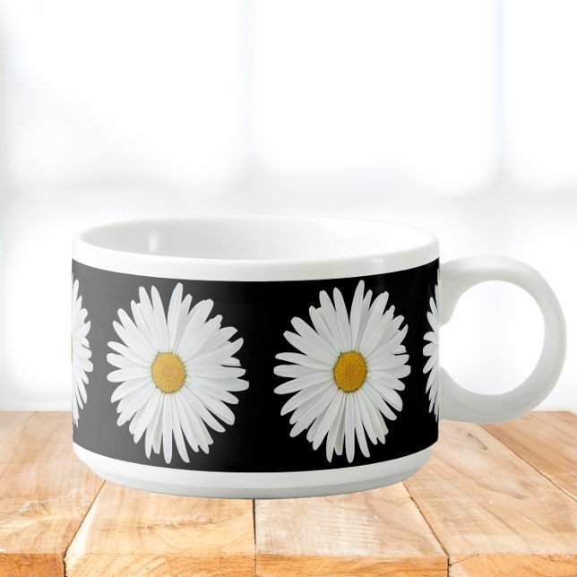White Daisy Flower on Black Floral Pattern Bowl (In Situ)