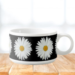 White Daisy Flower on Black Floral Pattern Chili Bowl