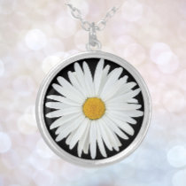 White Daisy Flower on Black Floral Silver Plated Necklace