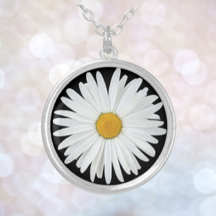 White Daisy Flower on Black Floral Silver Plated Necklace