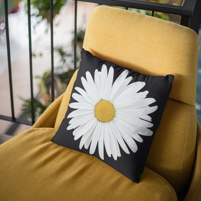 White Daisy Flower on Black Floral Throw Pillow (In Situ Patio)