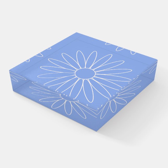 White Daisy Flower on Rock Blue Glass Paperweight (Angled)