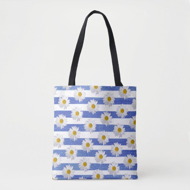 white daisy flower on watercolor stripe tote bag (Front)