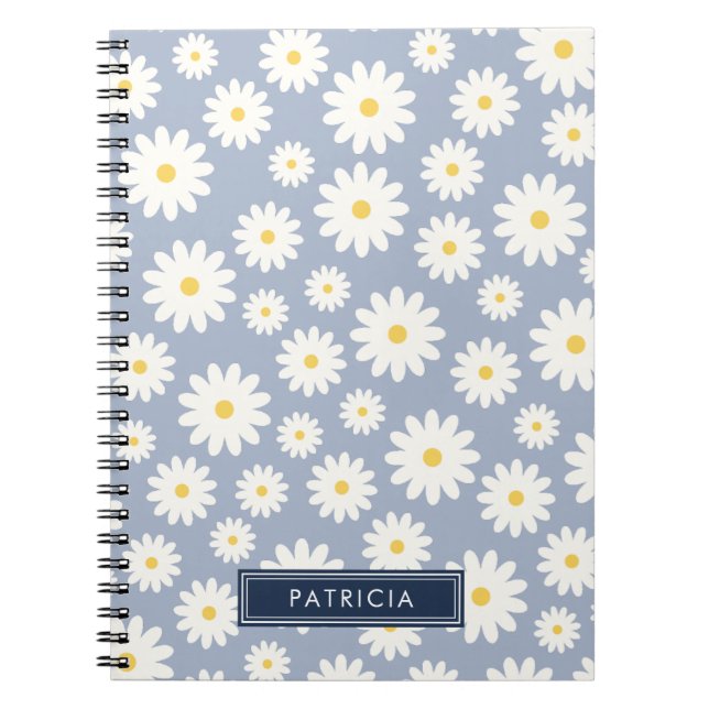 White Daisy Flower Pattern Dusty Blue Personalized Notebook (Front)