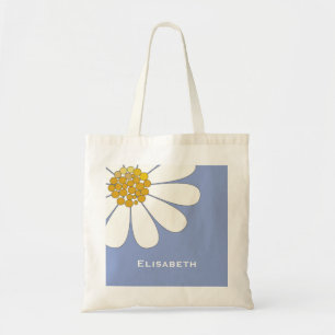 White Daisy Flower Personalize Name Birthday Tote Bag